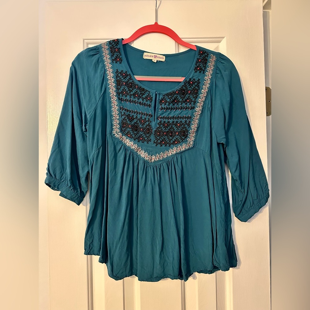 Altar'd State Teal Embroidered Blouse
